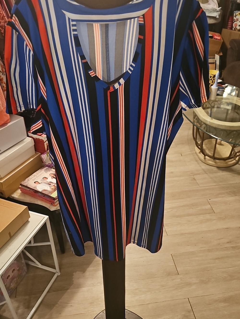 Bobbie Brooks Blue, Black & Red Striped V-Neck Tunic